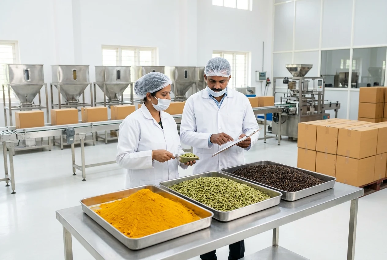AI-generated illustration of spice quality specialists inspecting turmeric, cardamom and pepper in a clean export facility