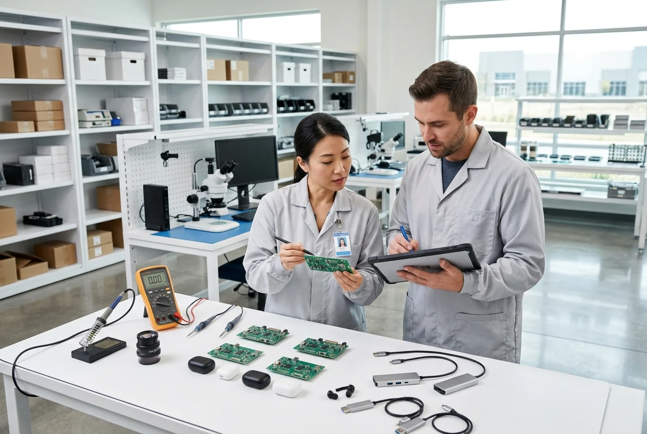 AI-generated illustration of electronics quality engineers inspecting circuit boards and accessories in a clean testing facility